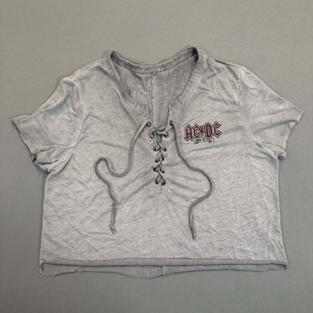 AC/DC High Voltage Crop T-Shirt Size XL Gray Lace-Up Graphic Tee